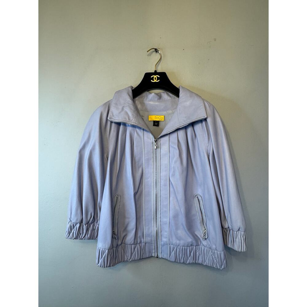 St. John SOCA Luxury Light Blue Pearlized Lambskin Leather Zip Bomber Jacket S